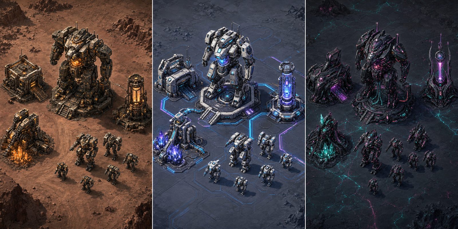 Neural Commander visual direction board showing three distinct science-fiction factions